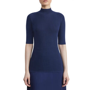 NWT Lafayette 148 New York Mock Neck Short Sleeve Rib Sweater Blue $598 - Size L